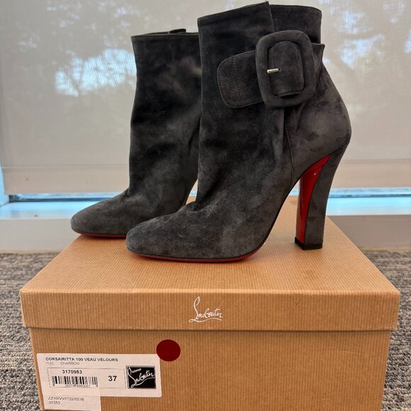 Christian Louboutin Gray Suede Ankle Booties with Buckle - NEVER WORN - Picture 1 of 5